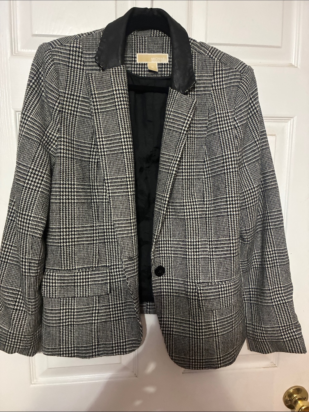 MICHAEL Michael Kors Black and White Glen Plaid Blazer with Black Collar